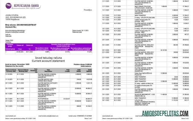 para impressão Sérvia Komercijalna Banka Extrato de conta modelo Word e PDF, 2 páginas